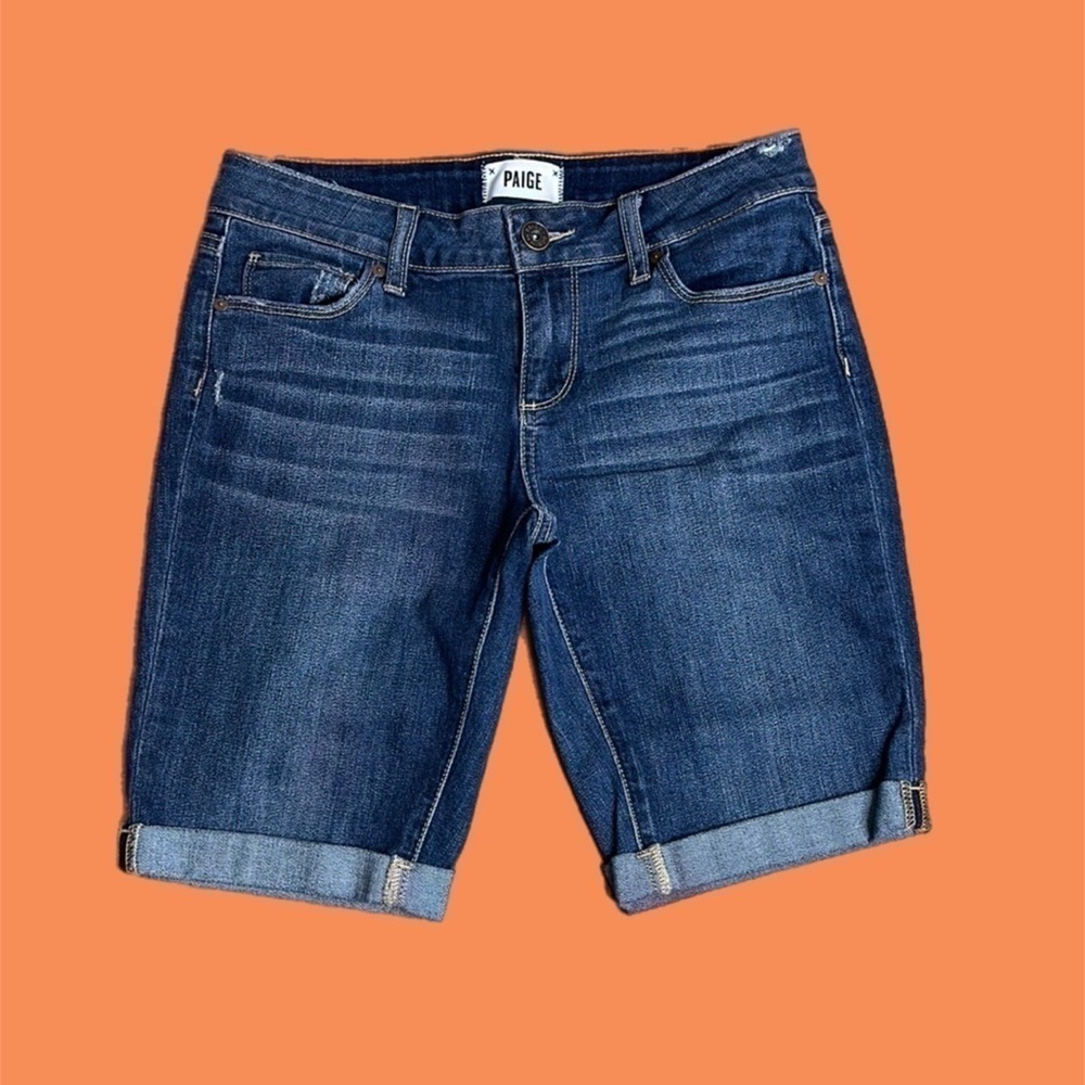 PAIGE Jax Knee Denim Jean Shorts Blue Cuff Hem Women Sz 26